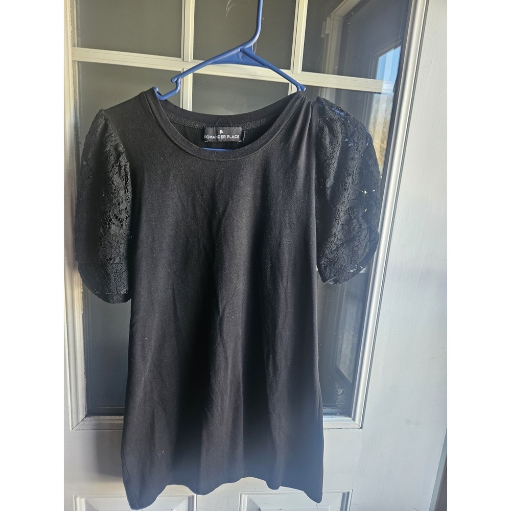 Pomander Place Tuckernuck House Brand Black Puff Lace Sleeve Shirt Blouse Small